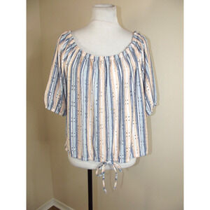 Full Circle Trends Womens Eyelet Peasant TOP - Size 1X - Blue Striped Tie Bottom